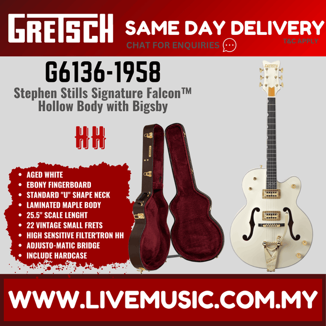 Gretsch G6136-1958 Stephen Stills Signature White Falcon Guitar w/Bigsby, Ebony FB, Aged White