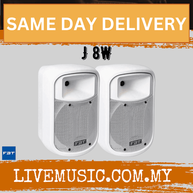 Pair of white FBT passive loud speakers with front grilles