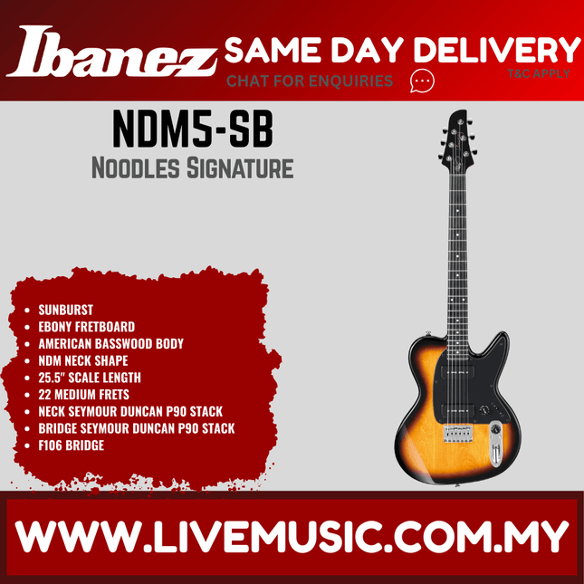 Ibanez NDM5-SB Noodles Signature 6-String Electric Guitar, Ebony FB, Sunburst ( NDM5 SB / NDM5SB )