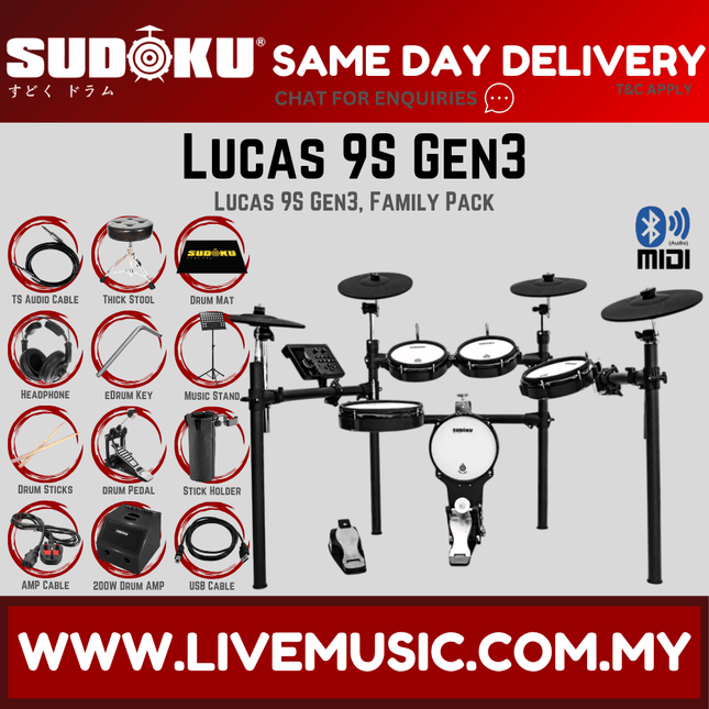 Sudoku Lucas 9S Gen3 Series Full Mesh Electronic Drum w/Drumsticks, Headphone, Pedals and Drum Keys ( Lucas-9s Lucas9s )