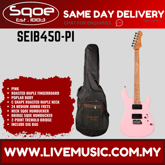 SQOE SEIB450 Double Cutaway Body HH Electric Guitar Roasted Maple Fretboard - Pink ( SEIB 450 / SEIB-450 )