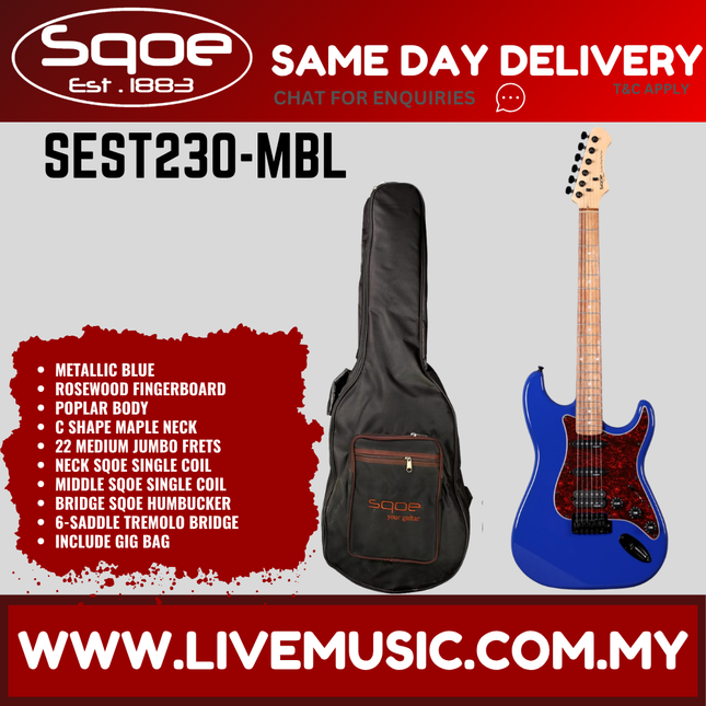 SQOE SEST230 Super Stratocaster Body HSS Electric Guitar Rosewood Fretboard - Blue (SEST-230/SEST 230)