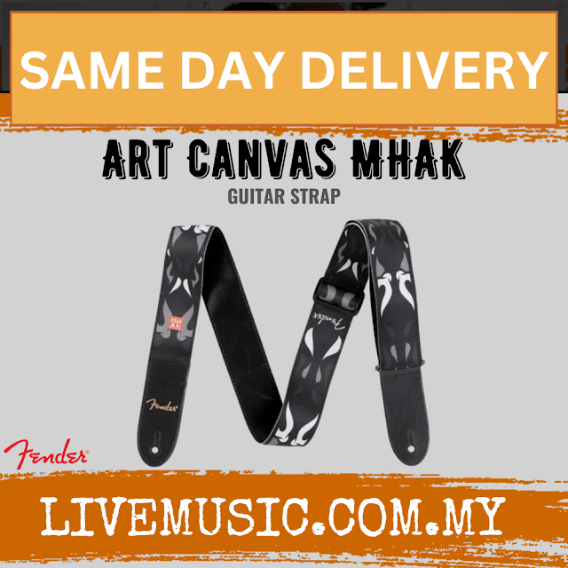 Black art-canvas guitar strap with Fender logo and MHAK pattern, adjustable ends