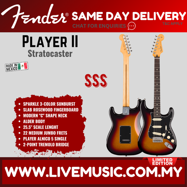 Fender Limited Edition Player II Stratocaster Electric Guitar, RW FB, Sparkle 3-Color Sunburst