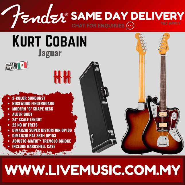 Fender Kurt Cobain Signature Jaguar Electric Guitar, Rosewood Fretboard with Deluxe Hardshell Case - 3-Color Sunburst