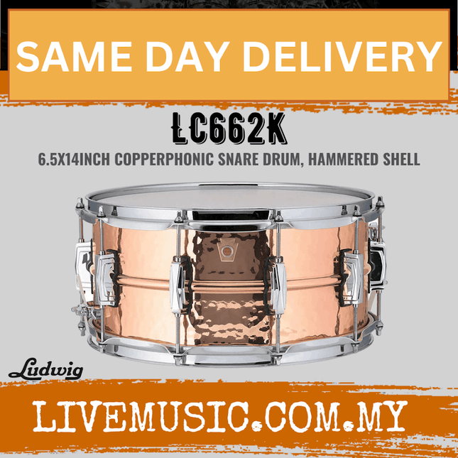 Ludwig LC662K 6.5x14inch Copperphonic Snare Drum, Hammered Shell, Imperial Lugs
