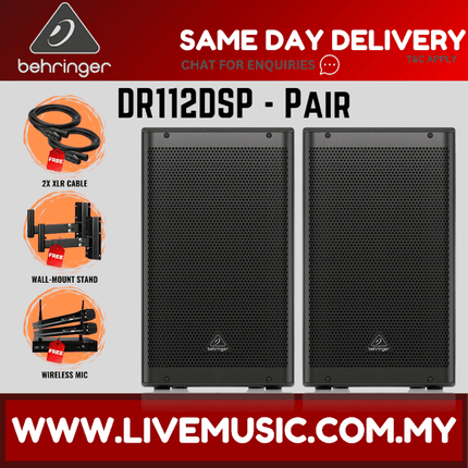 Behringer DR112DSP 1200W 12" Powered Speaker with Bluetooth w/Wireless Mic,Speaker Stand & Cable - (DR-112DSP DR 112DSP)