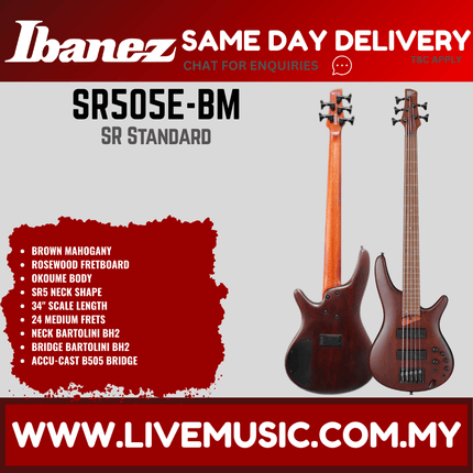 Ibanez SR505E SR Series 5-Strings Electric Bass Guitar- Brown Mahogany Black (SR505E-BAB SR505E-BM) (Copy)