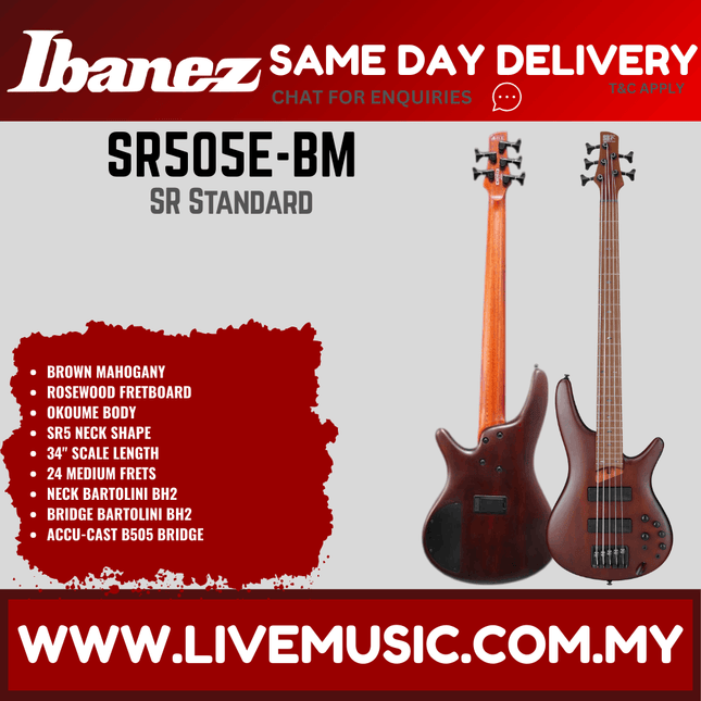 Ibanez SR505E SR Series 5-Strings Electric Bass Guitar- Brown Mahogany Black (SR505E-BAB SR505E-BM) (Copy)