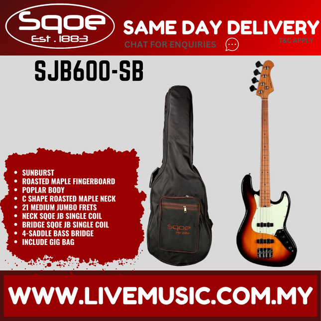 Sqoe SJB600 4-String Jazz Bass Guitar With Gig Bag, Roasted Maple FB - Sunburst ( SJB-600 / SJB 600 )