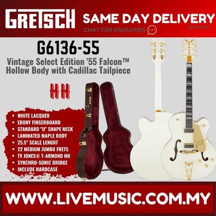 Gretsch G6136-55GE Vintage Select Edition 55 Falcon Hollow Body Guitar w/Cadillac Tailpiece, White Lacquer
