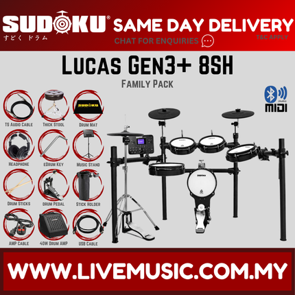 Sudoku Lucas 8S Gen3 Plus Series Full Mesh Electronic Drum w/Drumsticks, Headphone, Pedals ( Lucas-8s / Lucas8s )