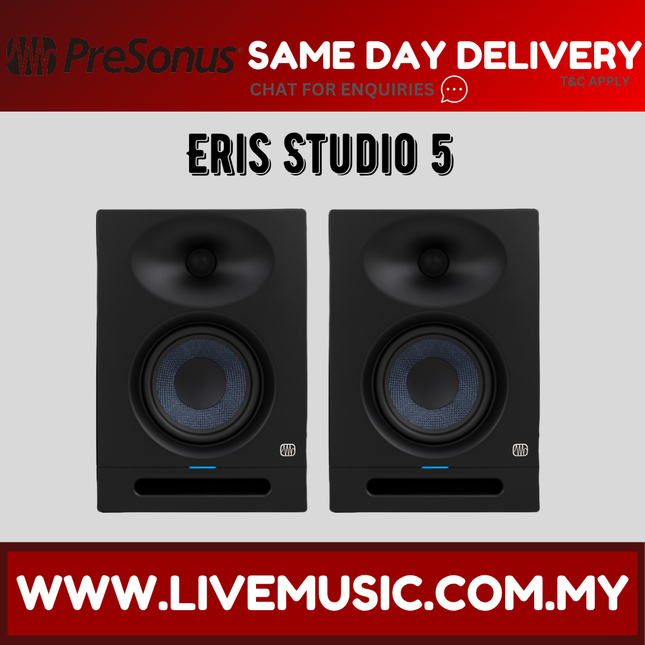 Two black studio monitors showing front woofers, tweeters, and bass ports