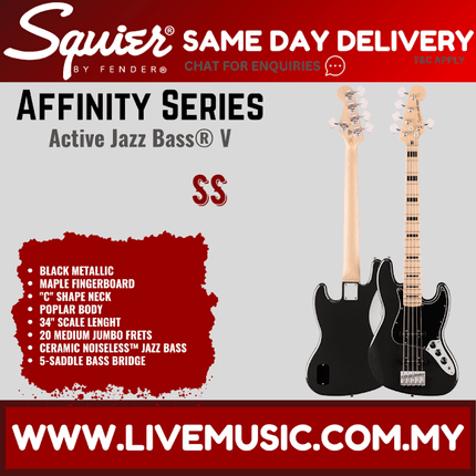 Squier Affinity Series Active Jazz Bass V Guitar, Maple FB, Black Metallic
