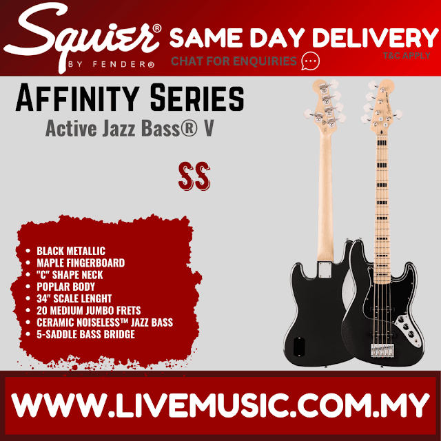 Squier Affinity Series Active Jazz Bass V Guitar, Maple FB, Black Metallic