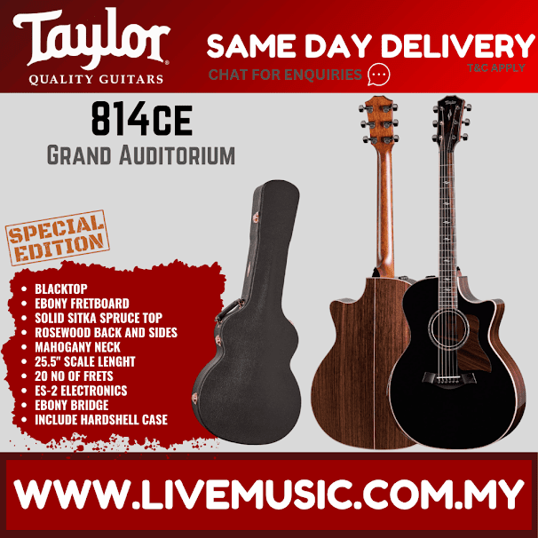 Black acoustic guitar with hard-shell case and spruce top, Taylor 814ce style