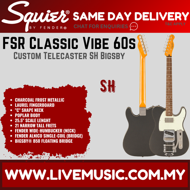 Squier FSR Classic Vibe 60s Custom Telecaster SH Electric Guitar w/Bigsby, Charcoal Frost Metallic