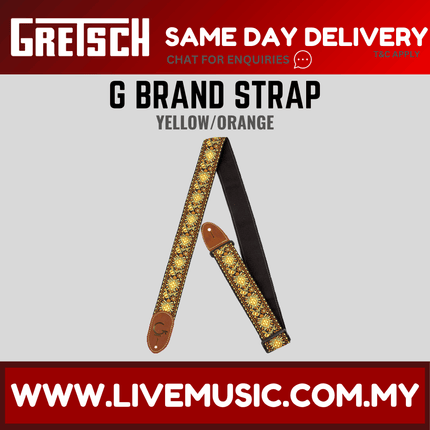 Gretsch G Brand Guitar Strap, Yellow/Orange Brown Ends