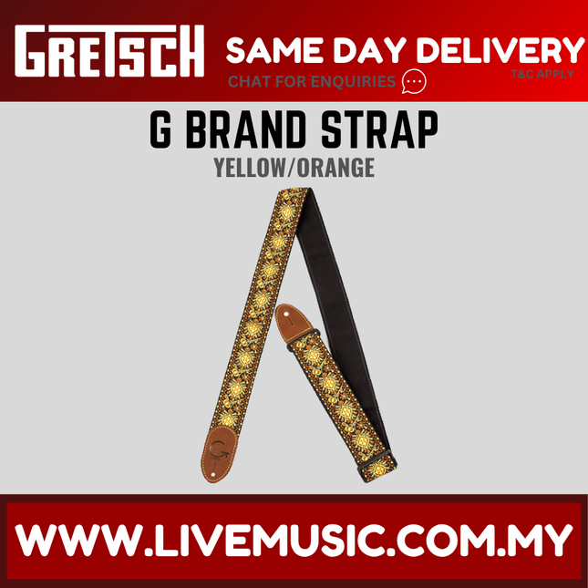 Gretsch G Brand Guitar Strap, Yellow/Orange Brown Ends