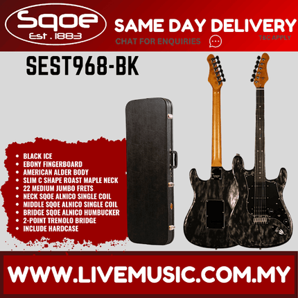 SQOE SEST968 Stratocaster Custom HSS Electric Guitar w/Gig Bag, Maple FB - Black Ice ( SEST-968 / SEST 968 )