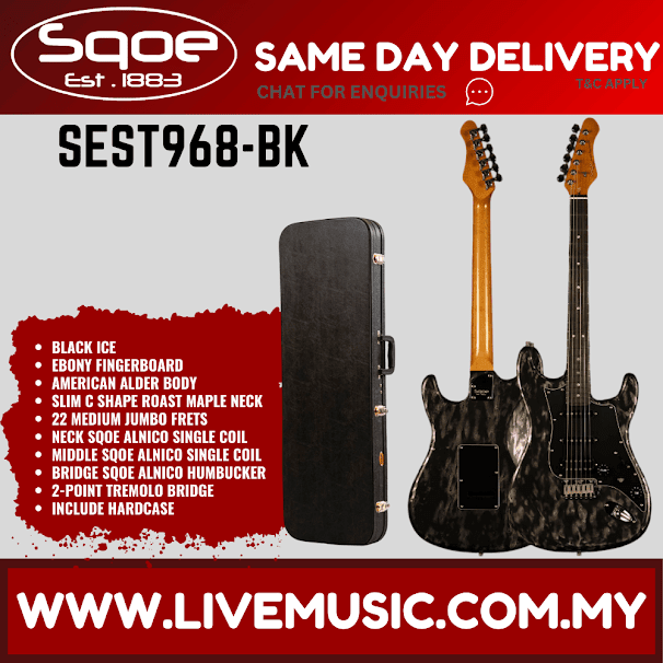 SQOE SEST968 Stratocaster Custom HSS Electric Guitar w/Gig Bag, Maple FB - Black Ice ( SEST-968 / SEST 968 )