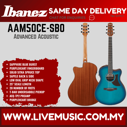 Ibanez AAM50CE-SBO Advanced Acoustic Series Acoustic Electric Guitar, Sapphire Blue Burst Open Pore