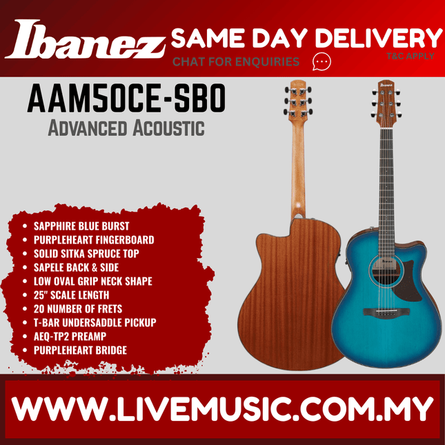 Ibanez AAM50CE-SBO Advanced Acoustic Series Acoustic Electric Guitar, Sapphire Blue Burst Open Pore