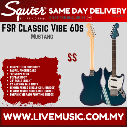 Squier FSR Classic Vibe 60s Mustang Guitar w/Black Pickguard, Laurel FB, Competition Burgundy