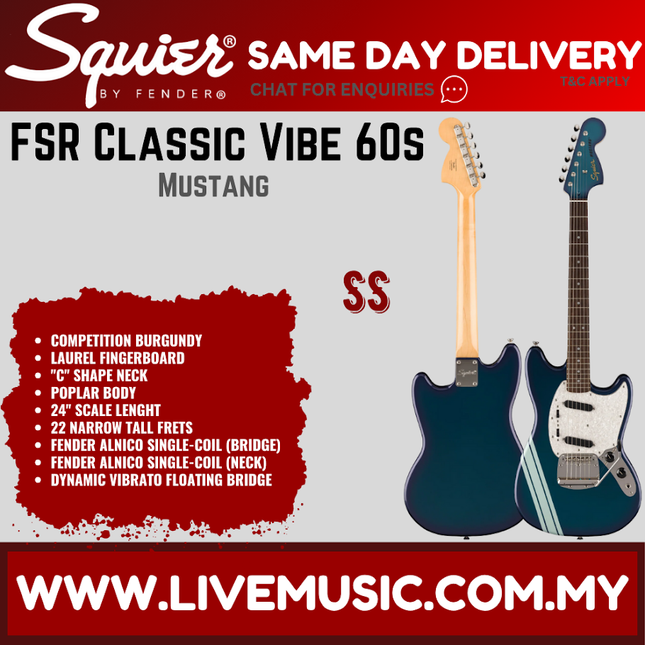 Squier FSR Classic Vibe 60s Mustang Guitar w/Black Pickguard, Laurel FB, Competition Burgundy
