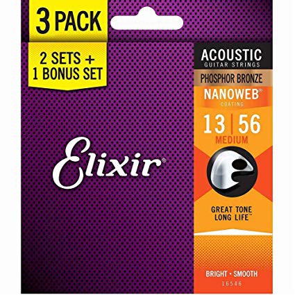 Elixir 16546 Nanoweb Phosphor Bronze Medium Acoustic Guitar Strings - 3-Pack (13-56)