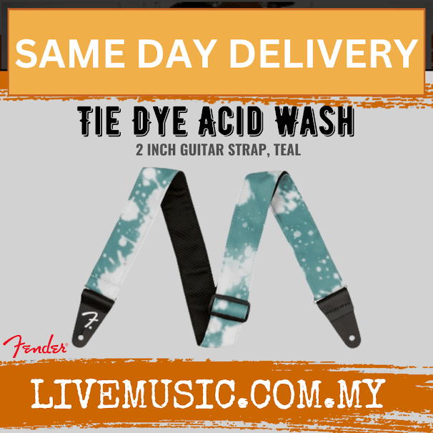 Teal acid-wash tie-dye 2-inch guitar strap with black ends and metal adjustment buckle