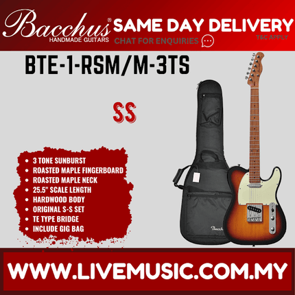 BACCHUS BTE-1-RSM/M UNIVERSE SERIES ROASTED MAPLE ELECTRIC GUITAR - 3 TONE SUNBURST ( BTE1 / BTE1RSMM / BTE 1 RSM M )