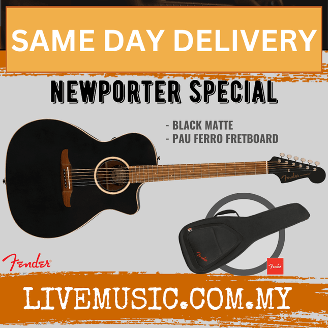 Fender California Newporter Special Medium-Sized Acoustic-Electric Guitar with Bag - Matte Black