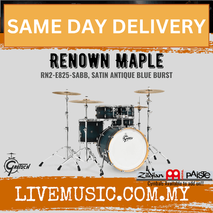 Gretsch RN2-E825-SABB Renown Maple 5Pc Drum Shell Kit Set (22inch Bass), Satin Antique Blue Burst