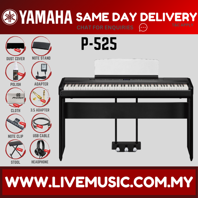 Yamaha P-525 88-Key Digital Piano With Keyboard Bench, Headphone And Adapter - Black ( P 525 P525 ) Replace P515 P-515