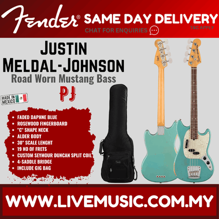 Fender Justin Meldal-Johnson Road Worn Mustang Bass Guitar, Faded Daphne Blue
