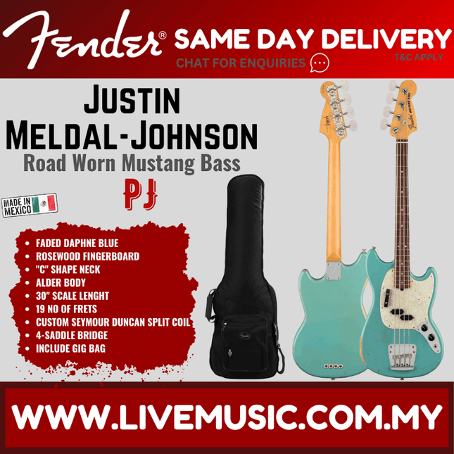 Road worn Fender Mustang bass guitar in faded Daphne Blue with black gig bag