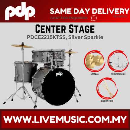 PDP Center Stage 5-piece Complete Drum Set with Hardware, Stool and Cymbal - Silver Sparkle ( PDCE2215KT )