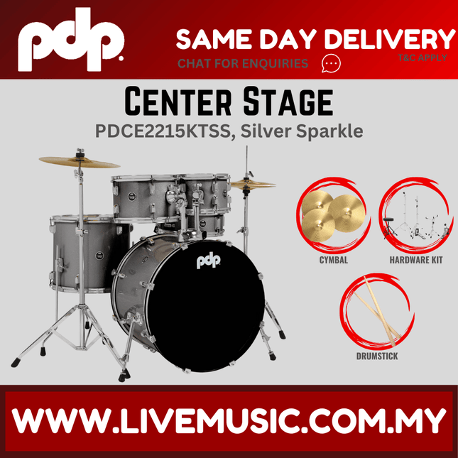 PDP Center Stage 5-piece Complete Drum Set with Hardware, Stool and Cymbal - Silver Sparkle ( PDCE2215KT )