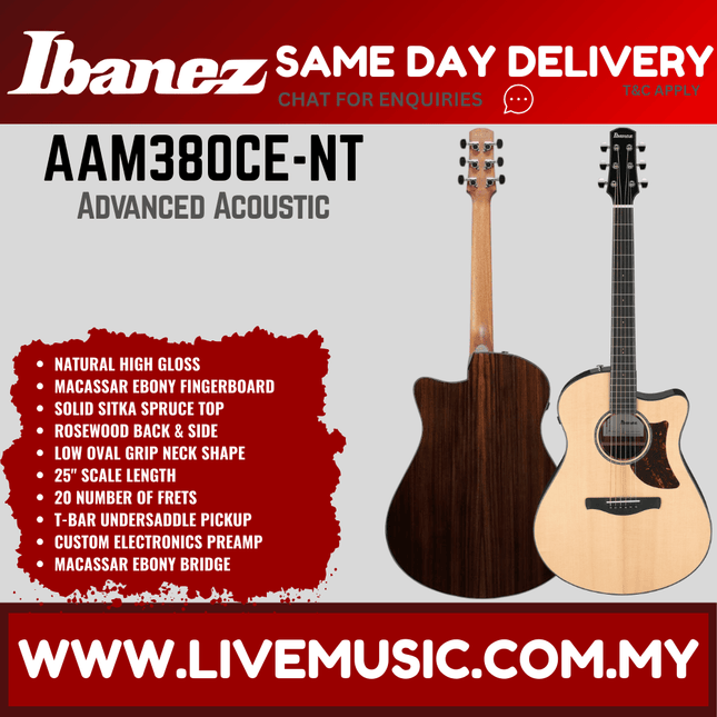 Ibanez AAM380CE-NT Advanced Acoustic Series Acoustic Electric Guitar, Natural High Gloss ( AAM380CE NT / AAM380CENT )