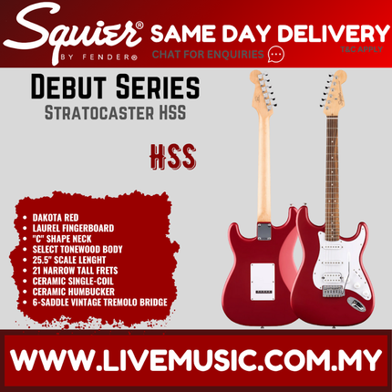 Squier Debut Series Stratocaster HSS Electric Guitar, Laurel FB, Dakota Red
