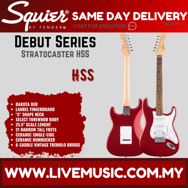 Squier Debut Series Stratocaster HSS Electric Guitar, Laurel FB, Dakota Red