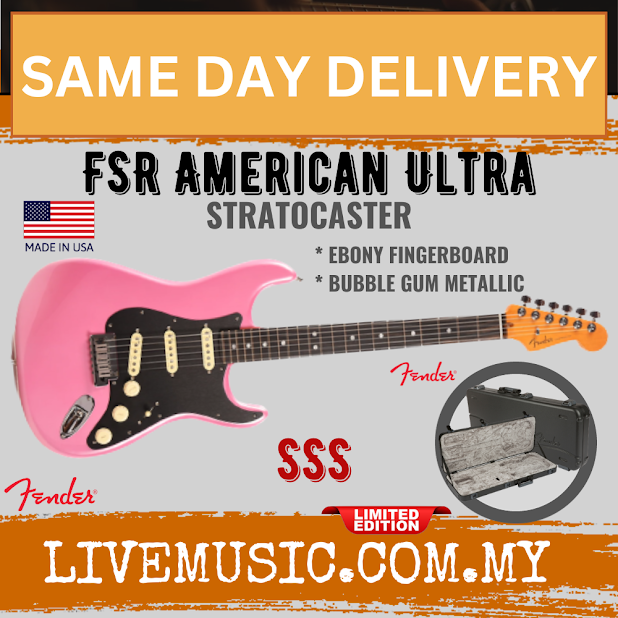 Fender FSR American Ultra Stratocaster Electric Guitar, Ebony FB, Bubble Gum Metallic