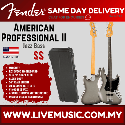 Fender American Professional II Jazz Bass Electric Guitar, Rosewood Fretboard - Mercury