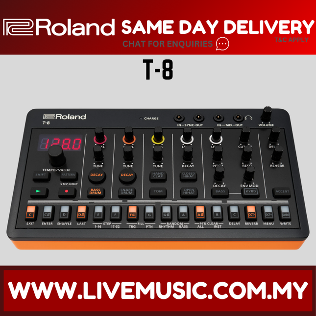 Roland Aira T-8 compact beat machine front panel with knobs, buttons, and display