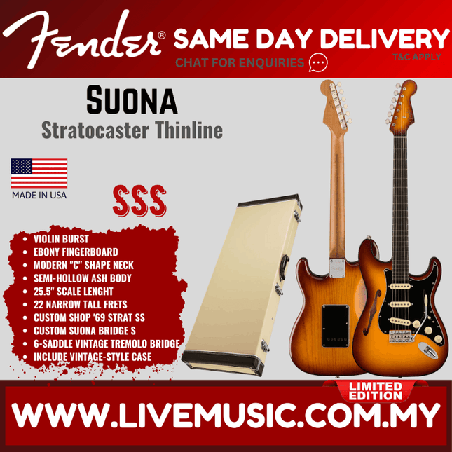 Fender Limited Edition American Suona Stratocaster Thinline Electric Guitar, Ebony FB, Violin Burst