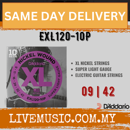 D'Addario EXL120-10P - 10 Pack Nickel Wound Electric Strings, Super Light (9-42)(DAddario/EXL120)