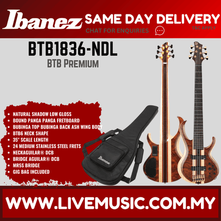 Ibanez BTB1836-NDL 6-String Electric Bass Guitar w/Gig Bag, Natural Shadow Low Gloss ( BTB1836 NDL / BTB1836NDL )