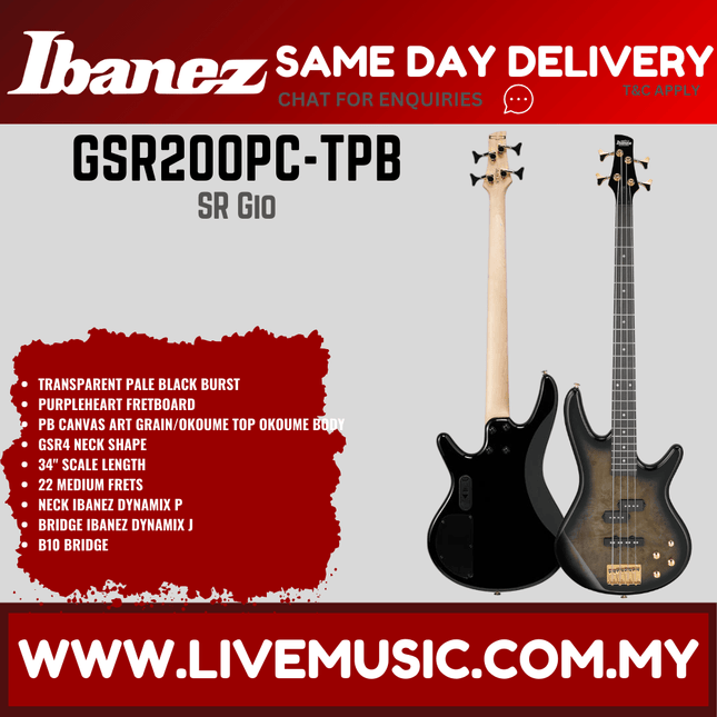 Ibanez GSR200PC 4-String Electric Bass Guitar, Transparent Pale Black Burst / Transparent Marine Burst