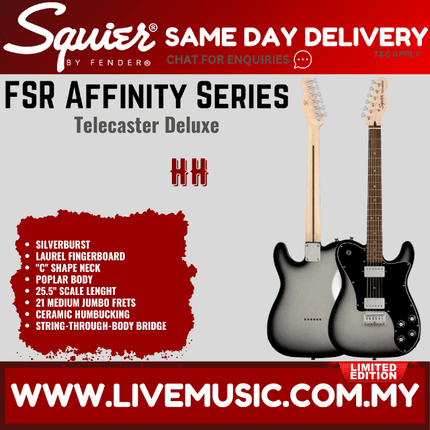 Squier FSR Affinity Series Telecaster Deluxe Electric Guitar, Laurel FB, Silverburst